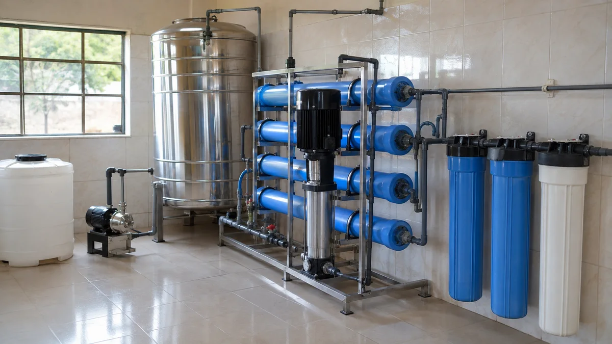 Water purification plant with filtration equipment and a stainless steel tank